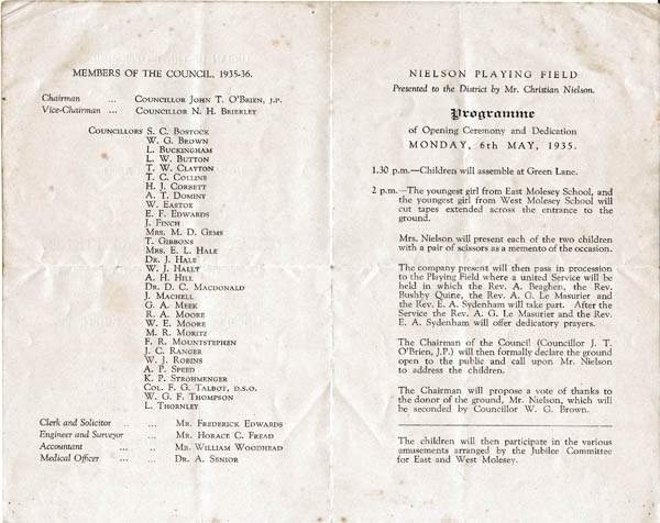 Programme for 1935 opening of Nielson's Field
